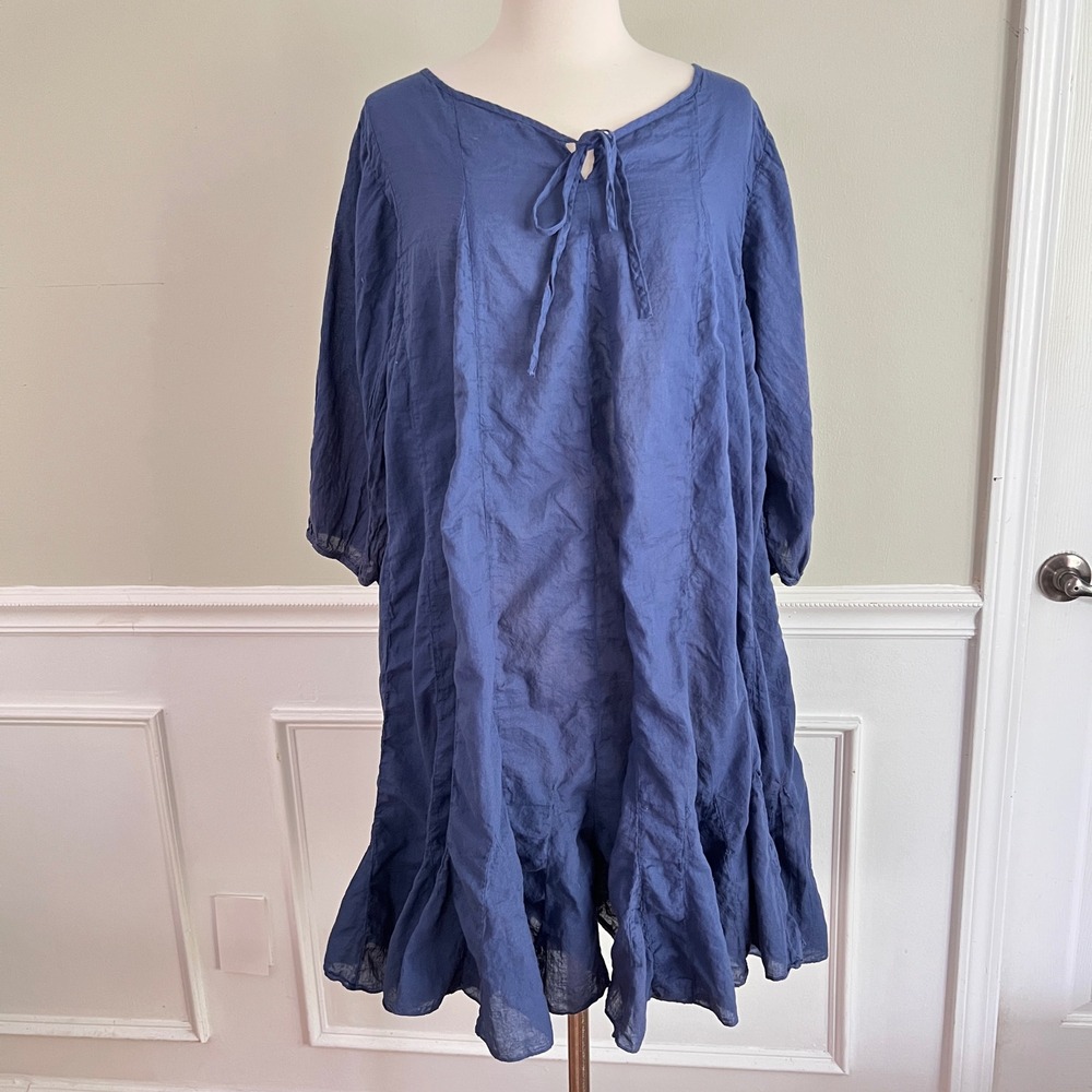JP and Mattie Tunic Dress Womens Medium Cotton Ruffle Tie Neck Blue Lagenlook